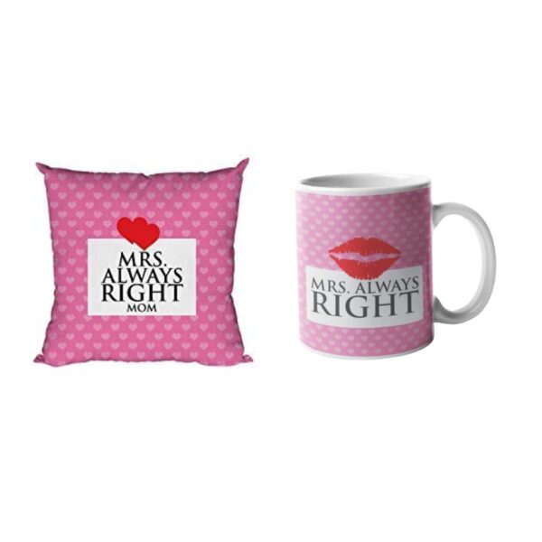 Yaya Cafe Valentines Day Gift for Wife Mrs Always Right Printed Ceramic Coffee Mug 325 ml with Cotton Cushion Covers 12 x 12 inches