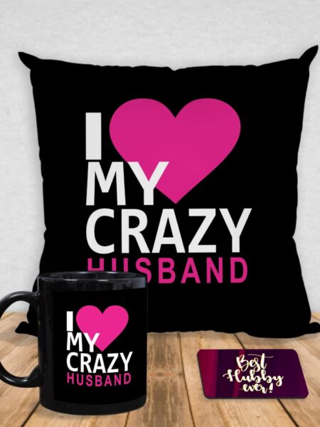 Yaya Cafe Valentine I Love Crazy Husband Coffee Mug Gift Combo Hamper Gifts for Husband Cushion Cover