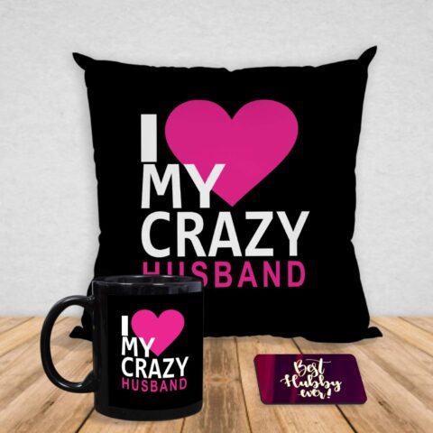 Yaya Cafe Valentine I Love Crazy Husband Coffee Mug Gift Combo Hamper Gifts for Husband Cushion Cover
