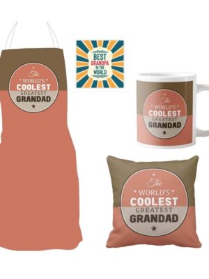 Grandpa, World Coolest Grandad Gift Hamper Set of 4 - Apron, Cushion Cover, Mug,