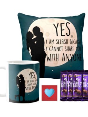 Valentine Chocolate Day Gifts Combo for Girlfriend Wife Mug, Cushion Cover, 10 Dairy Milk Cadbury Chocolate I Can't Share You with Anyone Lo