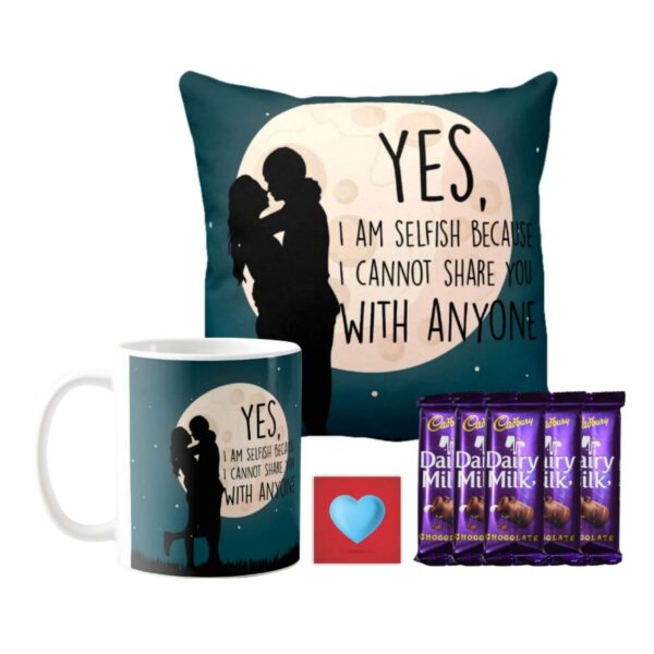 Valentine Chocolate Day Gifts Combo for Girlfriend Wife Mug, Cushion Cover, 10 Dairy Milk Cadbury Chocolate I Can't Share You with Anyone Lo