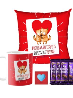 Valentine Gifts Combo for Wife Girlfriend Mug, Cushion Cover, 5 Dairy Milk Silk Chocolate Because A Girl Like You is Impossible to Find Love