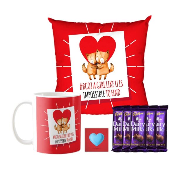 Valentine Gifts Combo for Wife Girlfriend Mug, Cushion Cover, 5 Dairy Milk Silk Chocolate Because A Girl Like You is Impossible to Find Love