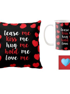 Yaya Cafe Valentine Kiss Day Gifts Combo for Girlfriend Wife Mug Tease Me Kiss Me Hug Me with Coaster, Cushion Cover