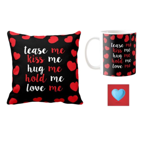 Yaya Cafe Valentine Kiss Day Gifts Combo for Girlfriend Wife Mug Tease Me Kiss Me Hug Me with Coaster, Cushion Cover