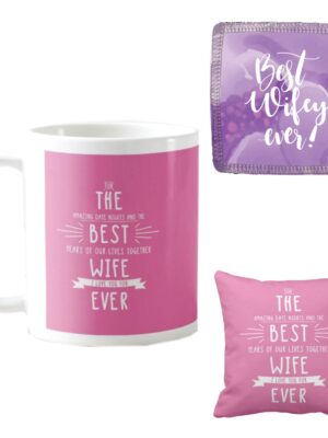 Birthday Gifts for Wife, Best Wife Love You Forever Coffee Mugs for Wife Hamper Set of 3 with Mug, Cushion Cover and Coaster