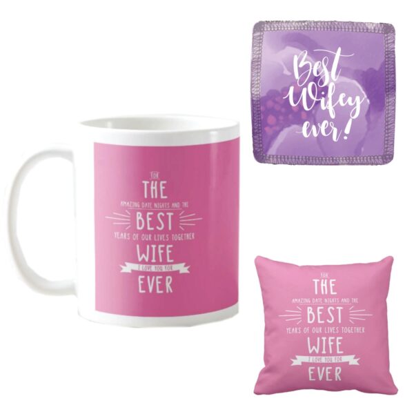 Birthday Gifts for Wife, Best Wife Love You Forever Coffee Mugs for Wife Hamper Set of 3 with Mug, Cushion Cover and Coaster