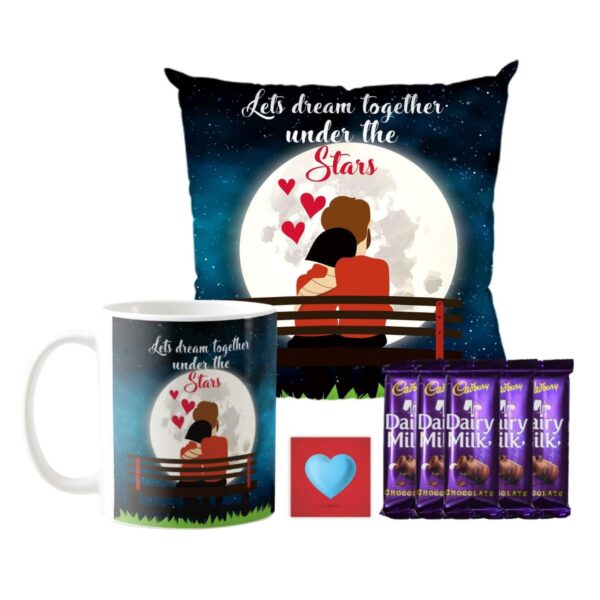Valentine Gifts Combo for Wife Girlfriend Mug, Cushion Cover, 5 Dairy Milk Silk Chocolate Lets Dream Together Under Stars, with Coaster
