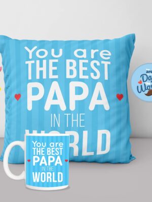 Father's Day Gifts Mug, Cushion Cover, Fridge Magnet Combo Hamper Set of 3 for You are The Best Papa