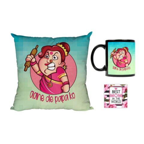 Mothers Day Aane de Papa ko Gift Combo Hamper - Mug, Coaster Gifts for Mom Cushion Cover 12x12