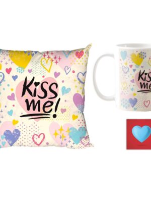 Yaya Cafe Valentine Gift Combo for Girlfriend Wife Kiss Me Cushion Cover, Mug, Coaster