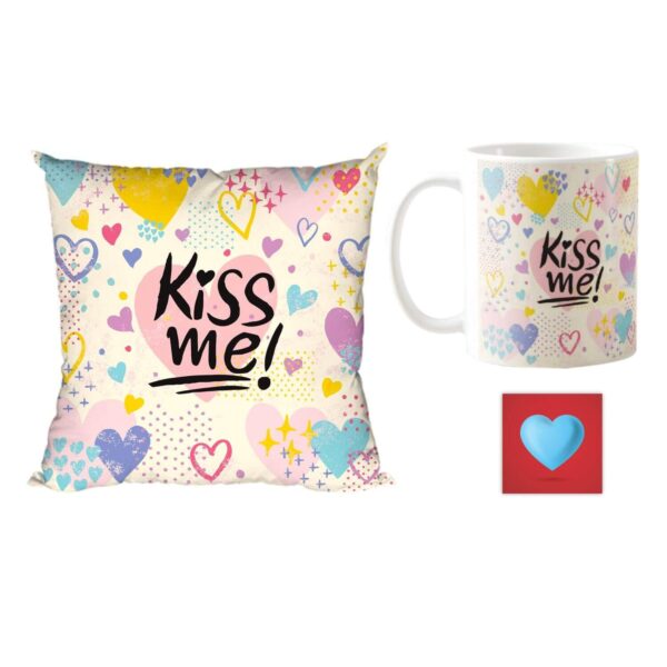 Yaya Cafe Valentine Gift Combo for Girlfriend Wife Kiss Me Cushion Cover, Mug, Coaster