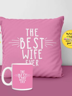 Birthday Gifts Combo for Wife, Set of 3 Hamper with Mug, Cushion Cover, Fridge Magnet - The Best Wife Ever