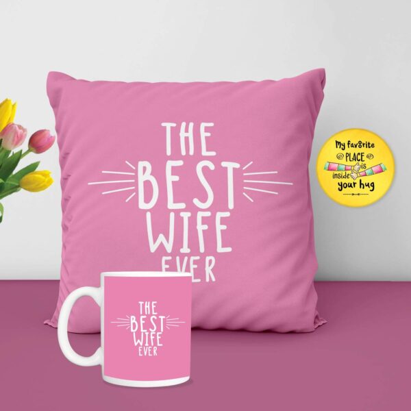 Birthday Gifts Combo for Wife, Set of 3 Hamper with Mug, Cushion Cover, Fridge Magnet - The Best Wife Ever