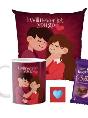 Valentine Gift Combo for Girlfriend Wife Mug, Cushion Cover, 1 Dairy Milk Silk Chocolates (60 gm) I Will Never Let You Go, with Coaster