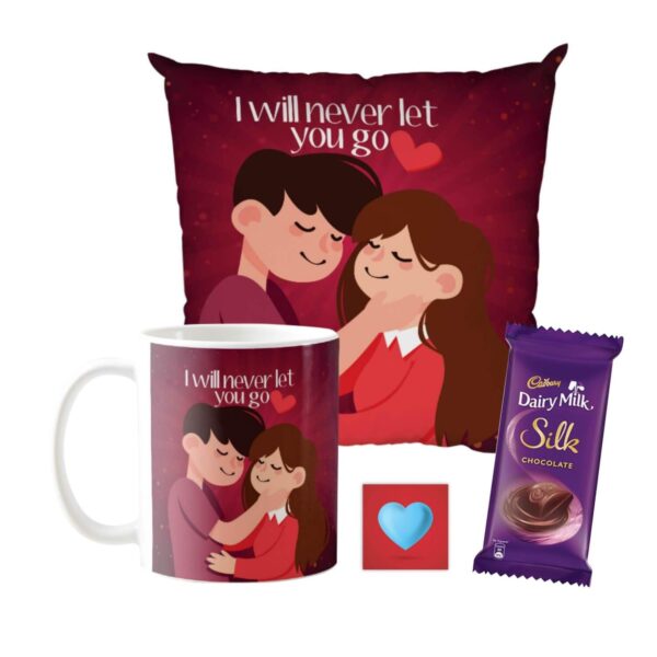 Valentine Gift Combo for Girlfriend Wife Mug, Cushion Cover, 1 Dairy Milk Silk Chocolates (60 gm) I Will Never Let You Go, with Coaster