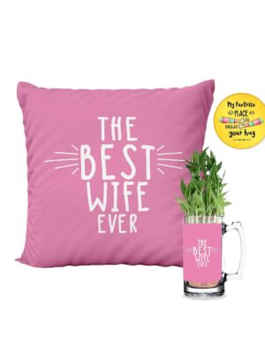 Combo for Wife, Hamper with Mug Planter with Bamboo Plants, , Fridge Magnet - Best Wifey Ever Gifts for Wife Cushion Cover