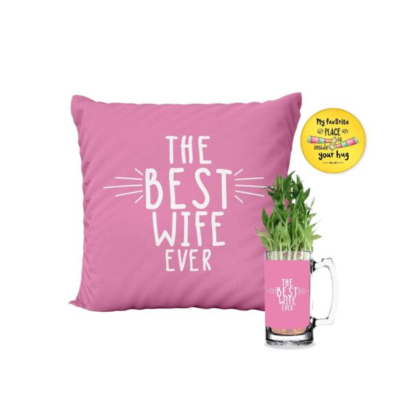Combo for Wife, Hamper with Mug Planter with Bamboo Plants, , Fridge Magnet - Awesome Talented Wife Gifts for Wife Cushion Cover