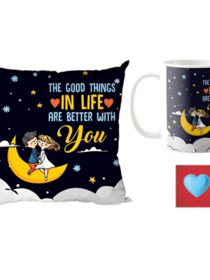 Yaya Cafe Valentine Gift Combo for Girlfriend Wife Mug Good Things in Life are Better with Coaster, Cushion Cover