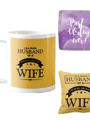 TYYC Freaking Awesome Wife Ceramic Coffee Mugs with Cushion Cover and Coaster, White, 330ml, Set of 3