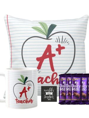 YaYa cafe™ Teachers Day Gift Combo, A Plus Teacher Mug, Cushion Cover, 5 Dairy Milk Chocolates, with Coaster