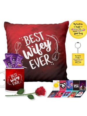 Birthday Gifts Chocolate Gifts Combo for Wife Mug, Cushion Cover, 1 Artificial Red Rose, Post Card, 10 Cadbury Dairy Milk (15g Each), Magn