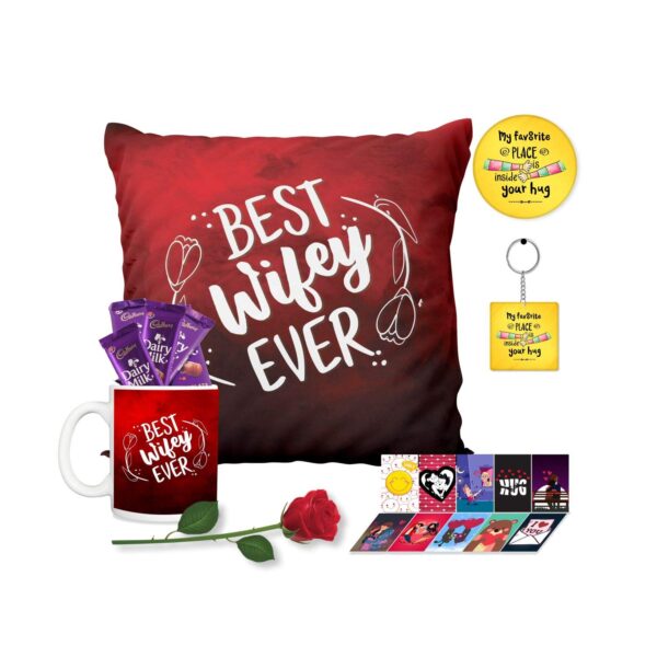 Birthday Gifts Chocolate Gifts Combo for Wife Mug, Cushion Cover, 1 Artificial Red Rose, Post Card, 10 Cadbury Dairy Milk (15g Each), Magn
