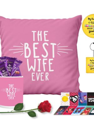 Birthday Gifts Chocolate Gifts Combo for Wife Mug, Cushion Cover, 1 Artificial Red Rose, Post Card, 10 Cadbury Dairy Milk (15g Each),Magne