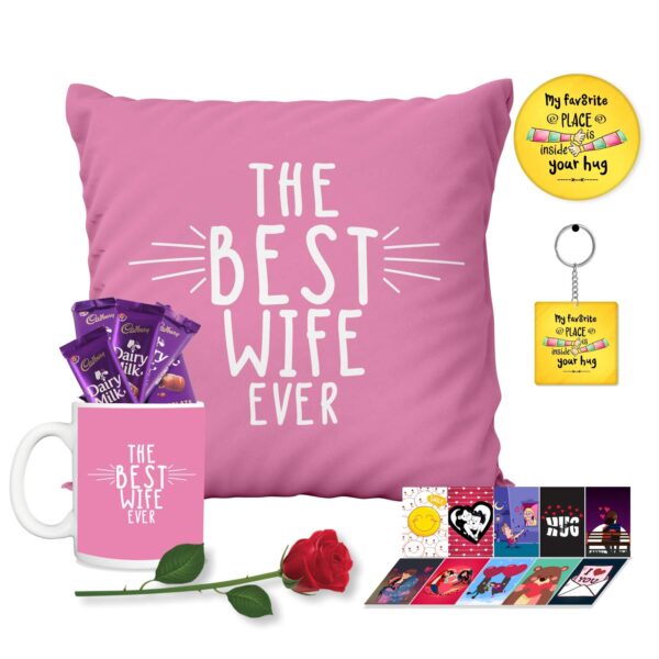 Birthday Gifts Chocolate Gifts Combo for Wife Mug, Cushion Cover, 1 Artificial Red Rose, Post Card, 10 Cadbury Dairy Milk (15g Each),Magne