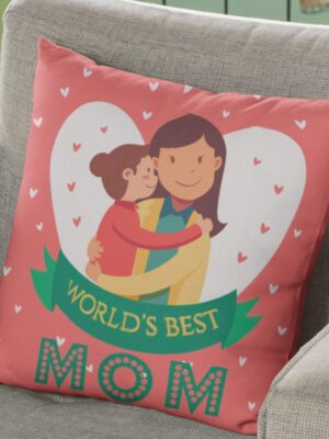 12x12 inches Poly Satin Cushion (with Filler) Worlds Best Mom Printed Birthday Throw Pillow Sofa - Multicolor