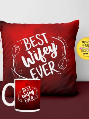 Birthday Gifts Combo for Wife, Set of 3 Hamper with Mug, Cushion Cover, Fridge Magnet - Best Wifey Ever