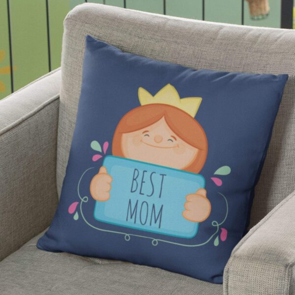 12x12 inches Poly Satin Cushion (with Filler) Best Mom Printed Birthday Throw Pillow Sofa - Blue