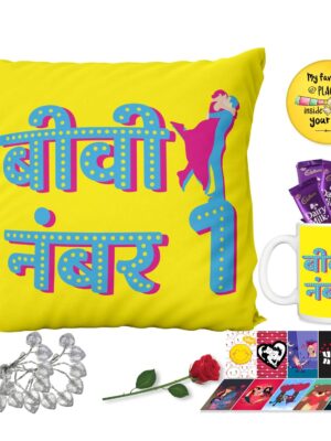 Birthday Gifts Chocolate Gifts Combo for Wife Mug, Cushion Cover, 1 Artificial Red Rose, Post Card, 10 Cadbury Dairy Milk (15g Each), Magn