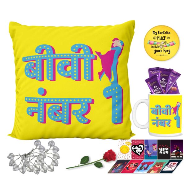 Birthday Gifts Chocolate Gifts Combo for Wife Mug, Cushion Cover, 1 Artificial Red Rose, Post Card, 10 Cadbury Dairy Milk (15g Each), Magn
