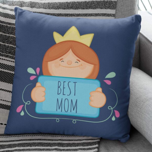12x12 inches Poly Satin Cushion (with Filler) Best Mom Printed Birthday Throw Pillow Sofa - Blue