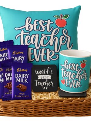 Best Teacher Ever Gift Combo Set of 4 – Mug Cushion Cover Chocolates & Coaster