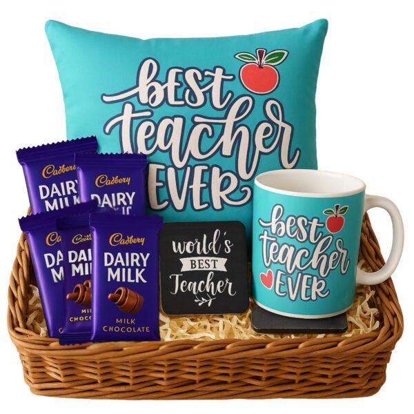 Best Teacher Ever Gift Combo Set of 4 – Mug Cushion Cover Chocolates & Coaster