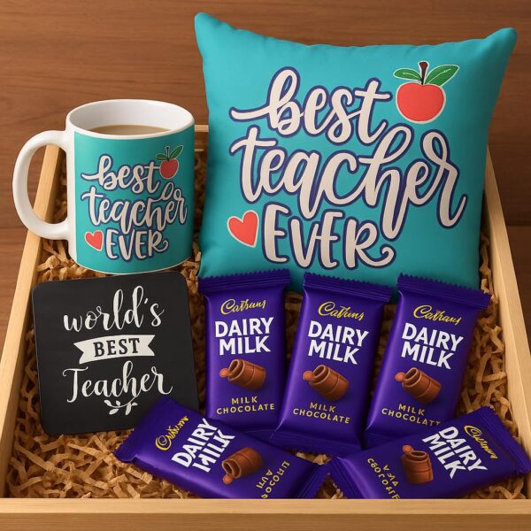 Best Teacher Ever Gift Combo Set of 4 – Mug Cushion Cover Chocolates & Coaster