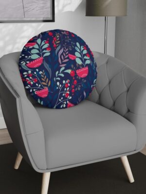 Blue Floral Round Velvet Cushion Cover with Filler – 16x16 Inches | Home Decor